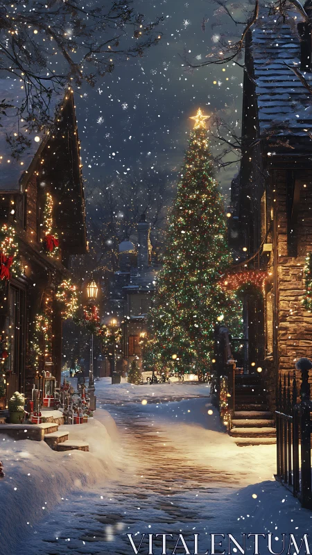 Snowy Christmas village street with glowing tree centerpiece.