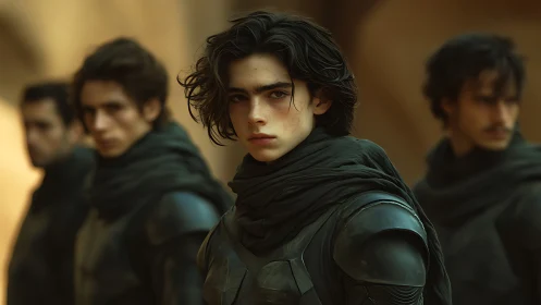 Four cloaked figures stand in shallow depth of field formation