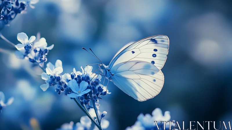 Gentle white butterfly resting in dreamy blue blossoms.