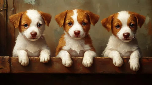 Triad of brown‑white puppies rendered with textured brushwork