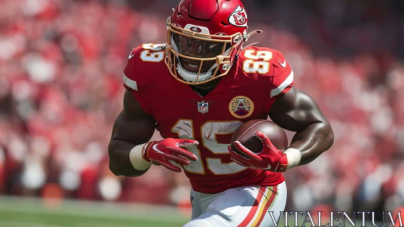 Telephoto gridiron action with running back drive in red uniform.