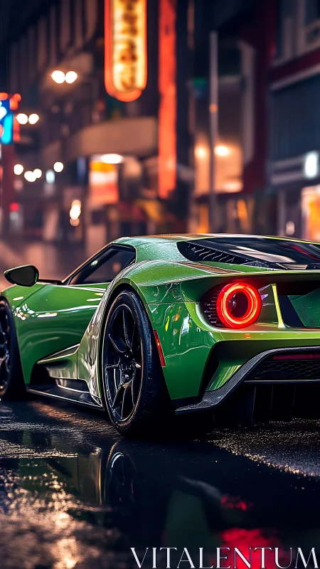 Neon-soaked green supercar prowls a rain-dazed city street.