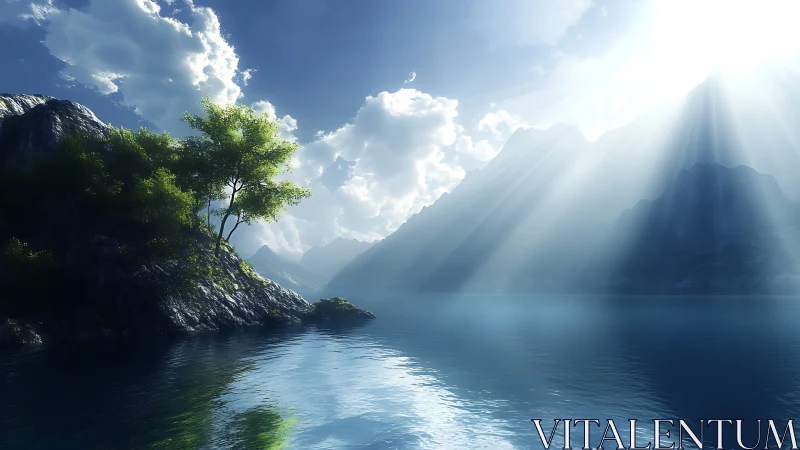 Luminous alpine inlet with volumetric god rays over water.
