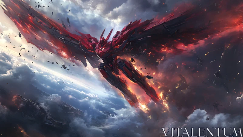 Blazing red mech angel soars fiercely through storm clouds