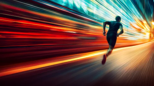 Night runner cuts through neon light trails at speed.