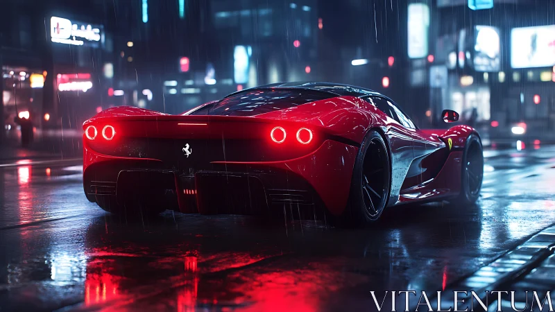Red supercar on wet neon city street at night in rain.