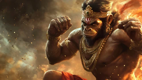 Fiery warrior monkey god strides through swirling embers.