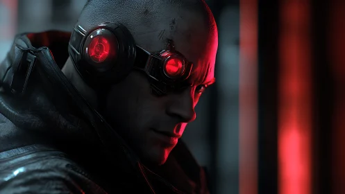 Cybernetic enforcer studies the city in ominous red light.