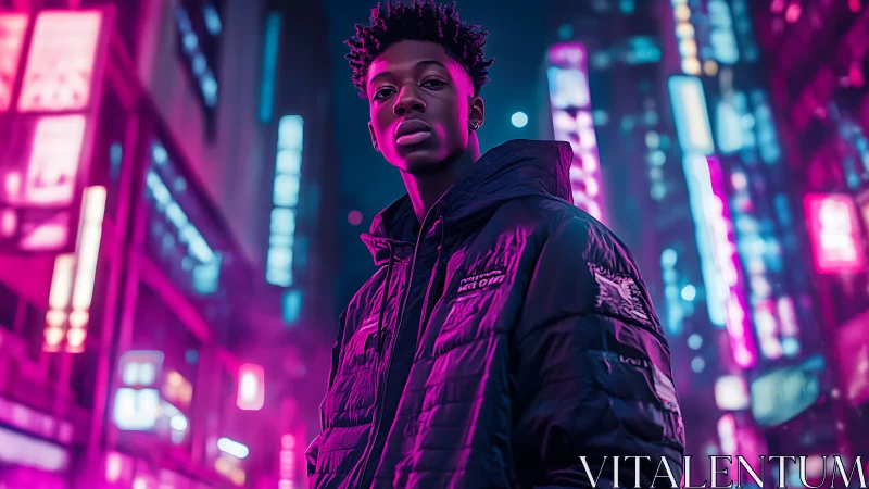 Neon-lit urban portrait with intense magenta cyan contrast.