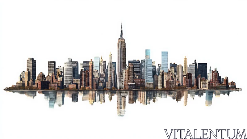 Manhattan skyline panorama with mirrored waterfront reflection.