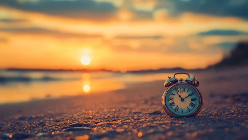 Golden sunset gently surrounds a quiet clock on the shore