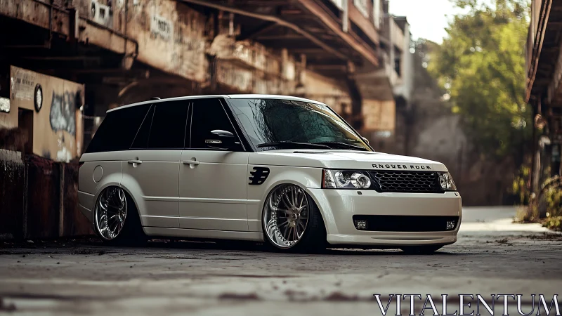 Lowered white SUV rests in abandoned industrial courtyard