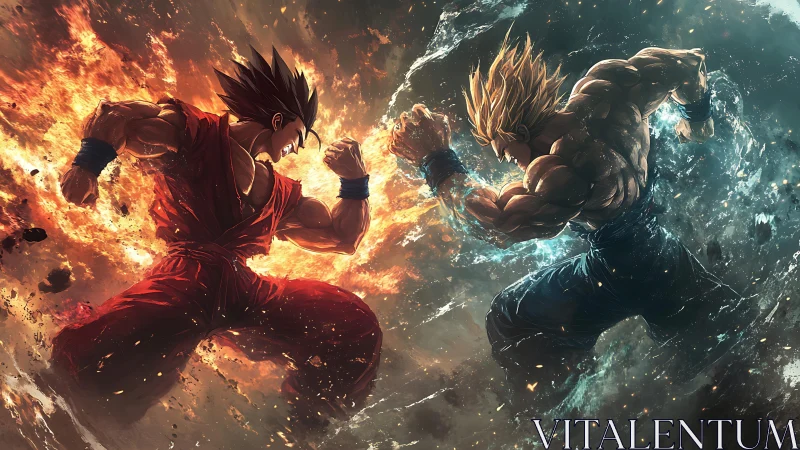 Elemental warriors colliding in fiery water-splitting duel.