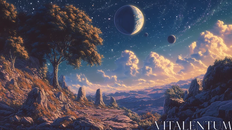 Alien valley under triple moons and glowing starfield sky.