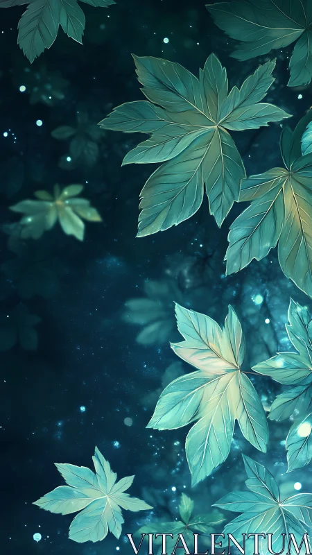Moonlit river of teal leaves drifting through twilight air.