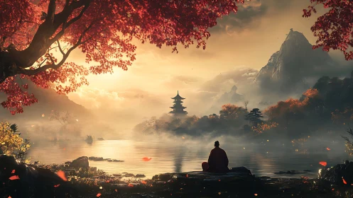 Solitary monk observes misty pagoda across autumnal lake