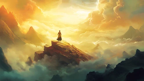 Digital painting of lone figure on luminous summit plateau.