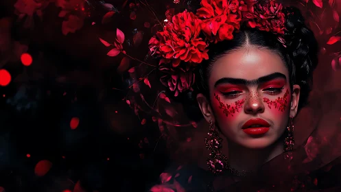 Crimson crowned muse drifts through a velvet midnight bloom