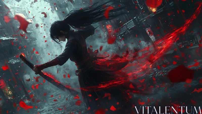 Digital painting of katana warrior in crimson motion field.