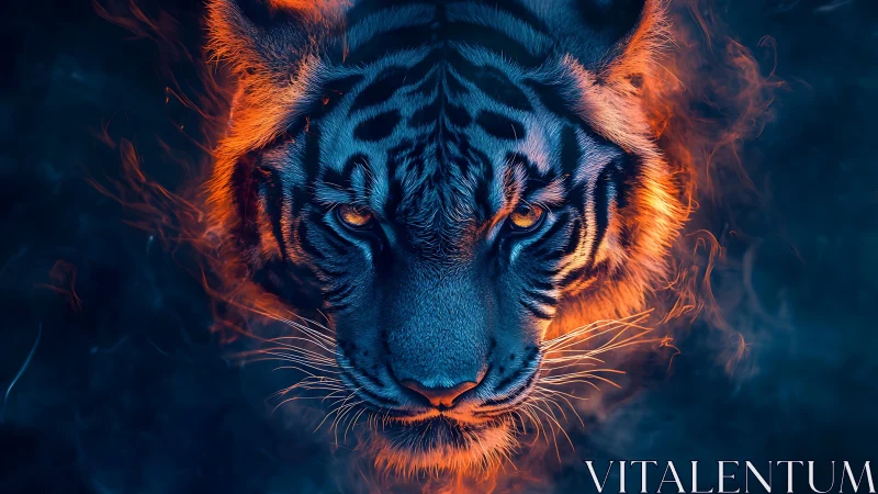 Fiery neon tiger portrait in swirling embers and smoke.