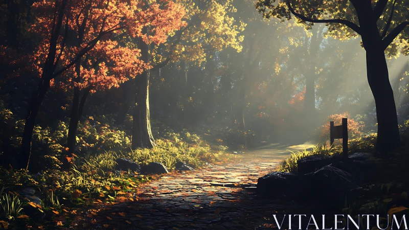 Golden Light Through Forest Path.
