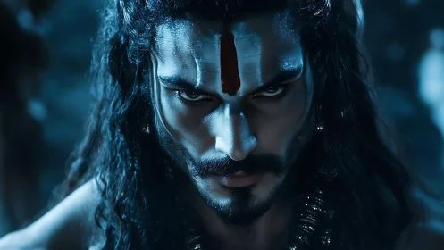 Storm-eyed ascetic warrior in icy blue divine glare.