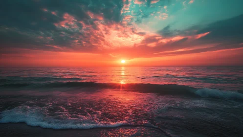 Neon grade seascape sunset with low waves and tinted clouds