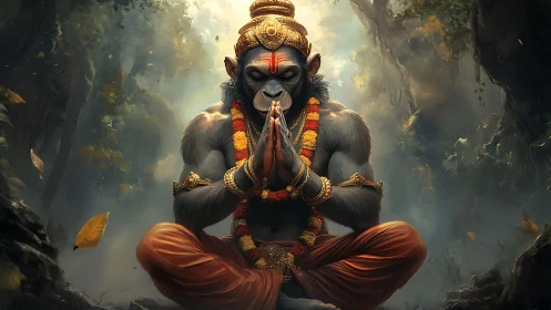 Simian ascetic in meditative forest with ritual adornments.