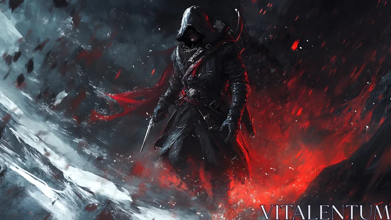 Hooded warrior figure in red and black storm environment.