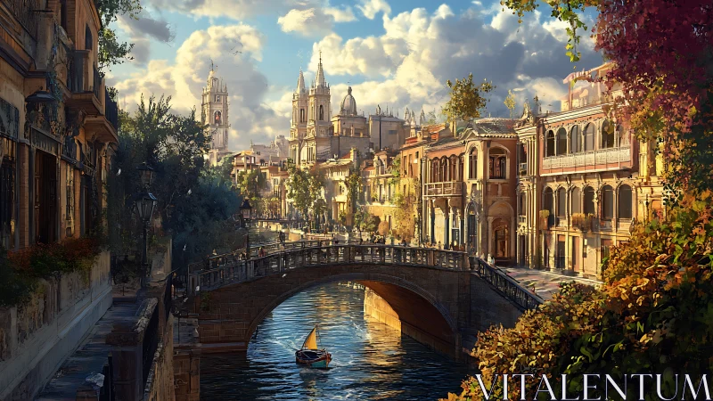 Sunlit canal city with bridge, towers and small sailboat.