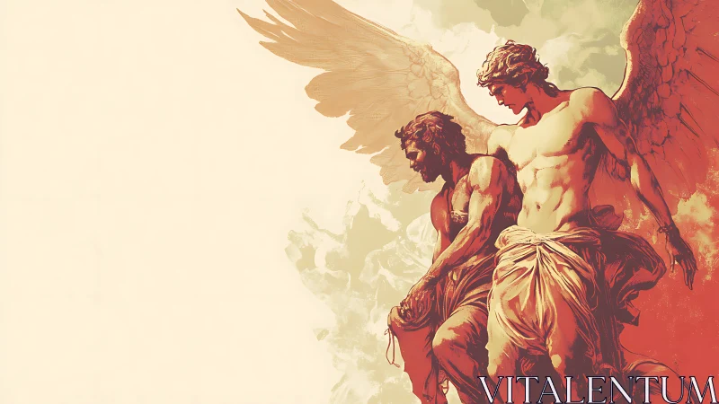 Winged male figure supports wounded companion in stylized duotone