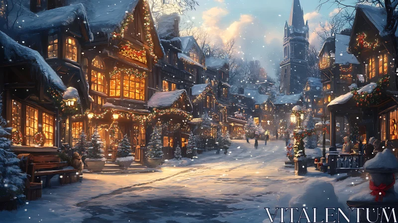 Snow-covered medieval village street with warm festive lighting
