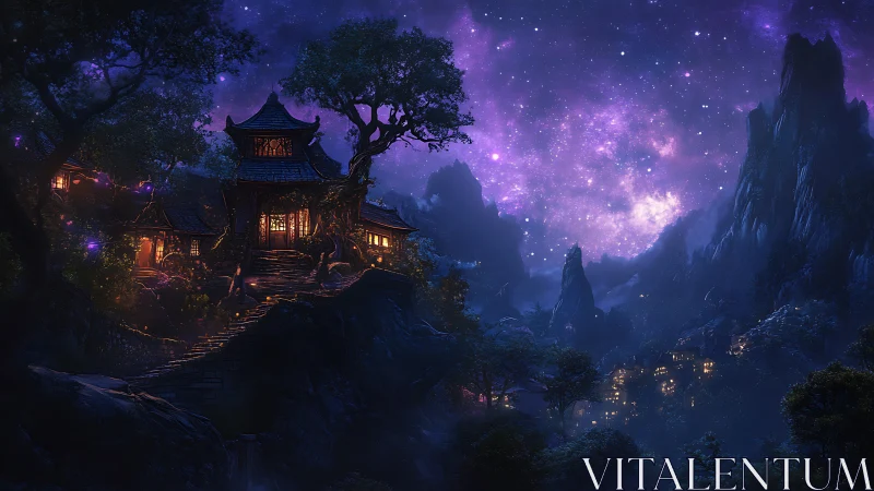 Mountain temple village glows under dense violet starfield