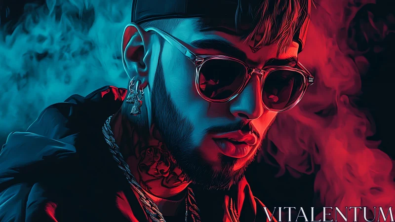 Neon smoke crowns a sunglasses rebel in electric twilight glow