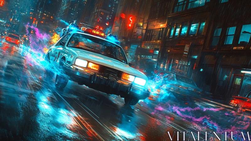 Spectral pursuit unit skidding through neon-slick cyber rain.