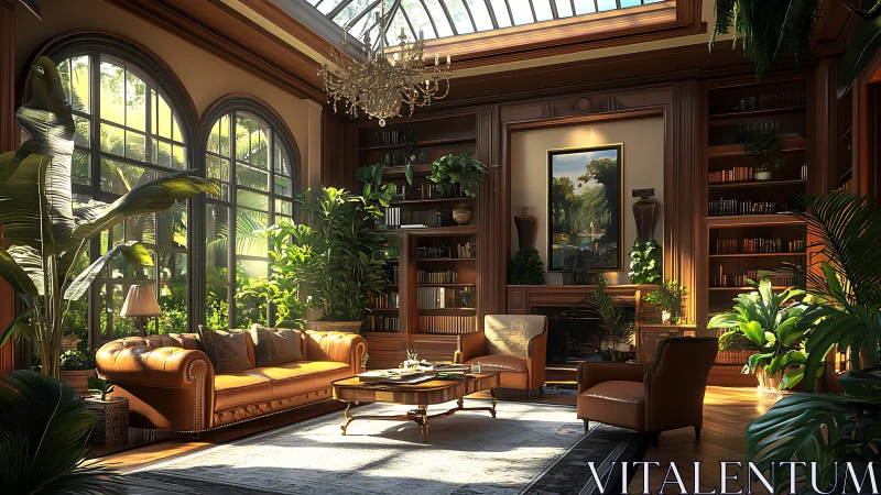 Sunlit classic library lounge with leather seating and plants