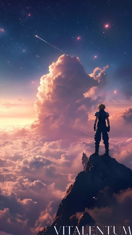 Stargazing warrior overlooking cloudscape at pastel dusk.