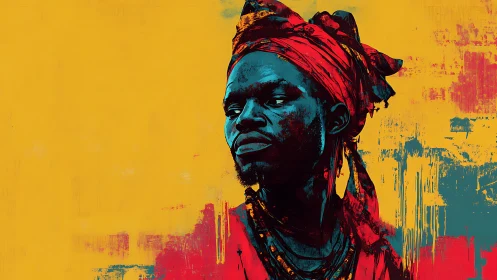 Vibrant digital portrait against bold abstract yellow field.