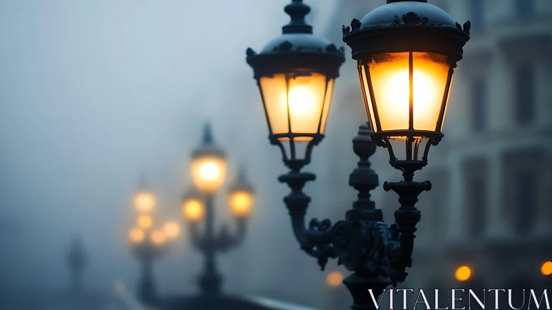 Victorian street lamps glowing through dense urban fog.
