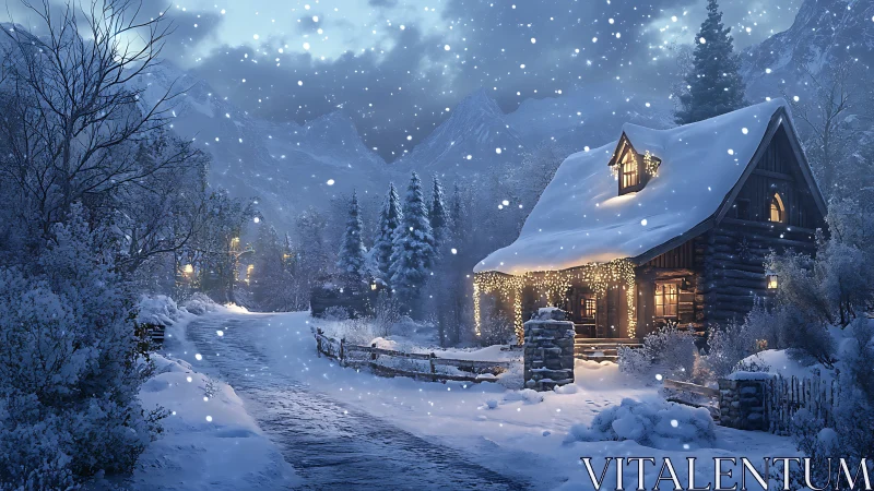 Snowy log cabin glowing warmly in twilight forest snowfall.