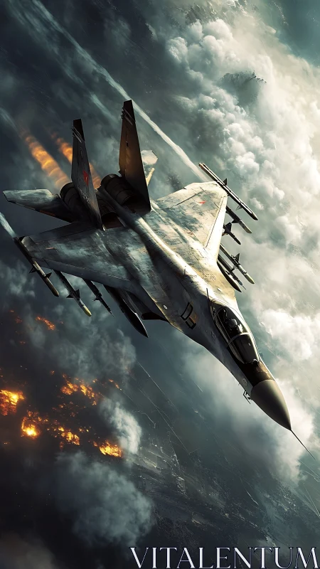 Soaring fighter jet cutting through stormy battlefield skies.
