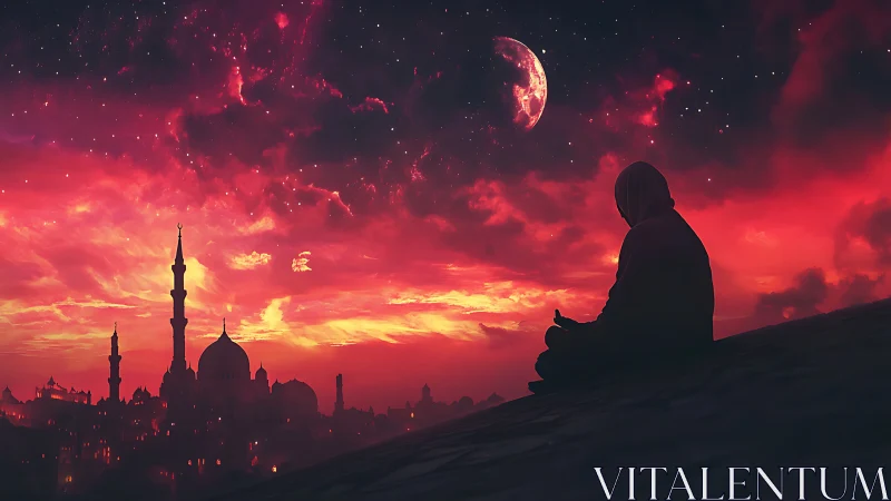 Hooded figure meditating above red sky mosque skyline.