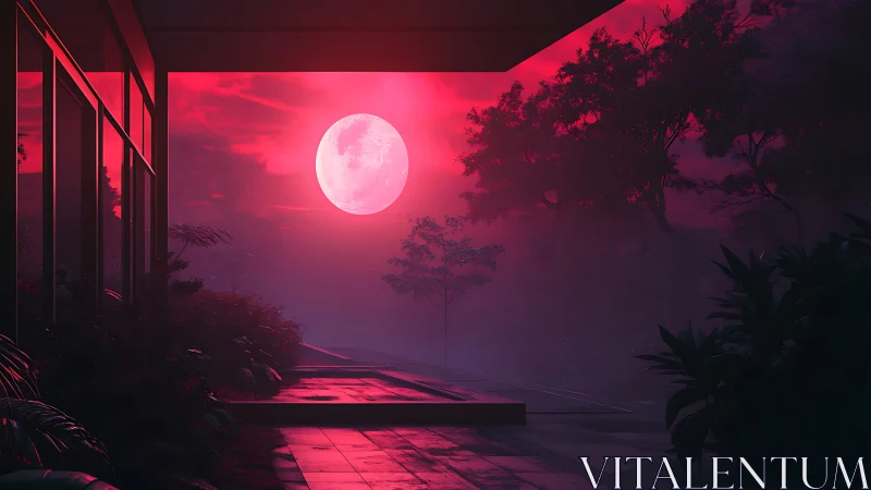 Moonlit terrace under neon red sky, misty forest horizon.