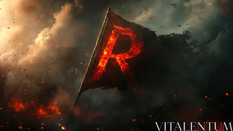 Burning flag with red letter R amid dense smoke clouds.