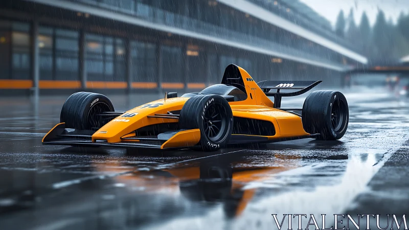 Futuristic orange race car gleams on wet pit lane in rain.