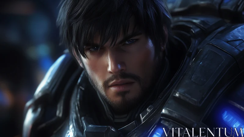 Brooding sci fi soldier stares ahead in glowing armor