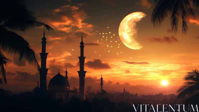 Mosque skyline under crescent moon and low sun at dusk