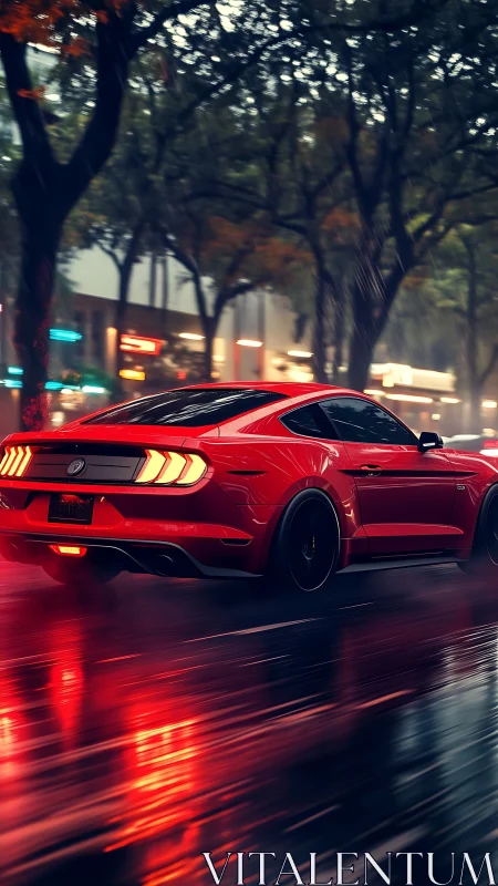 Red performance coupe accelerates through wet urban street at night