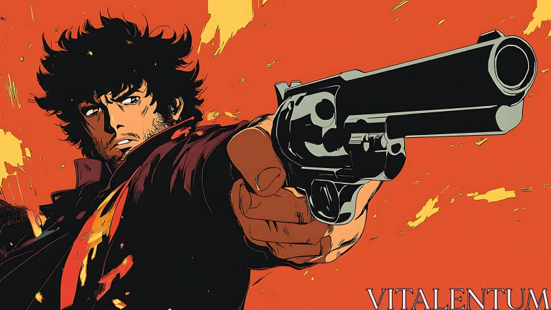 Anime gunman close-up aims revolver on bold orange field.