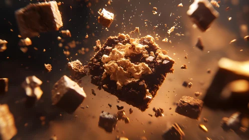 Decadent Chocolate Brownie Exploding in Midair, Dramatic Lighting.